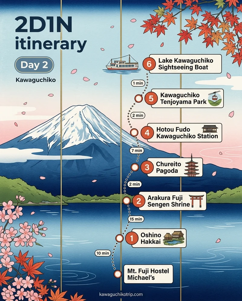 Illustrated poster: 2D1N itinerary, Day 2, Kawaguchiko. Start at Mt. Fuji Hostel Michael's, 10 min to stop 1. 1. Oshino Hakkai, then 15 min to stop 2. 2. Arakura Fuji Sengen Shrine, then 2 min to stop 3. 3. Chureito Pagoda, then 7 min to stop 4. 4. Hotou Fudo Kawaguchiko Station, then 2 min to stop 5. 5. Kawaguchiko Tenjoyama Park, then 1 min to stop 6. 6. Lake Kawaguchiko Sightseeing Boat. kawaguchikotrip.com.