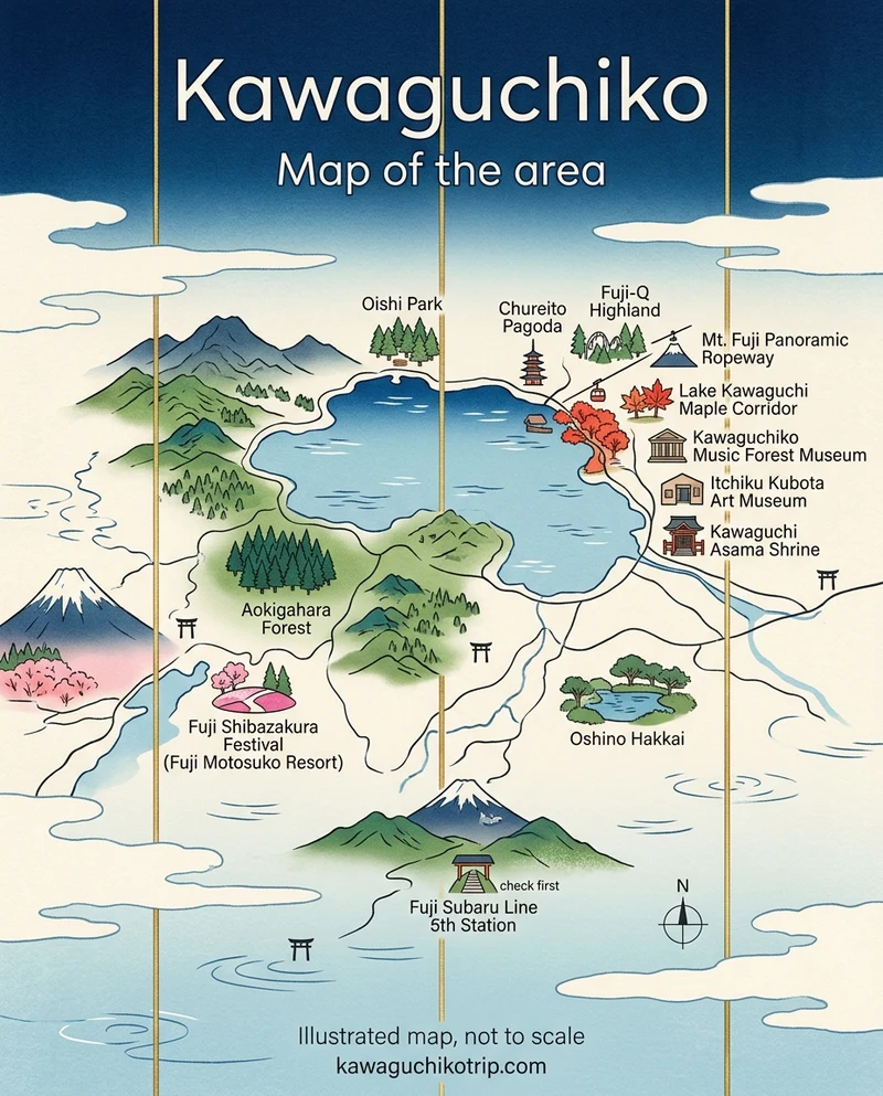 Illustrated map, not to scale: Kawaguchiko, Map of the area. North: Oishi Park. North-east: Chureito Pagoda, Fuji-Q Highland, Mt. Fuji Panoramic Ropeway, Lake Kawaguchi Maple Corridor, Kawaguchiko Music Forest Museum, Itchiku Kubota Art Museum, Kawaguchi Asama Shrine. West: Aokigahara Forest, Fuji Shibazakura Festival (Fuji Motosuko Resort). East: Oshino Hakkai. South: Fuji Subaru Line 5th Station (check first). kawaguchikotrip.com.