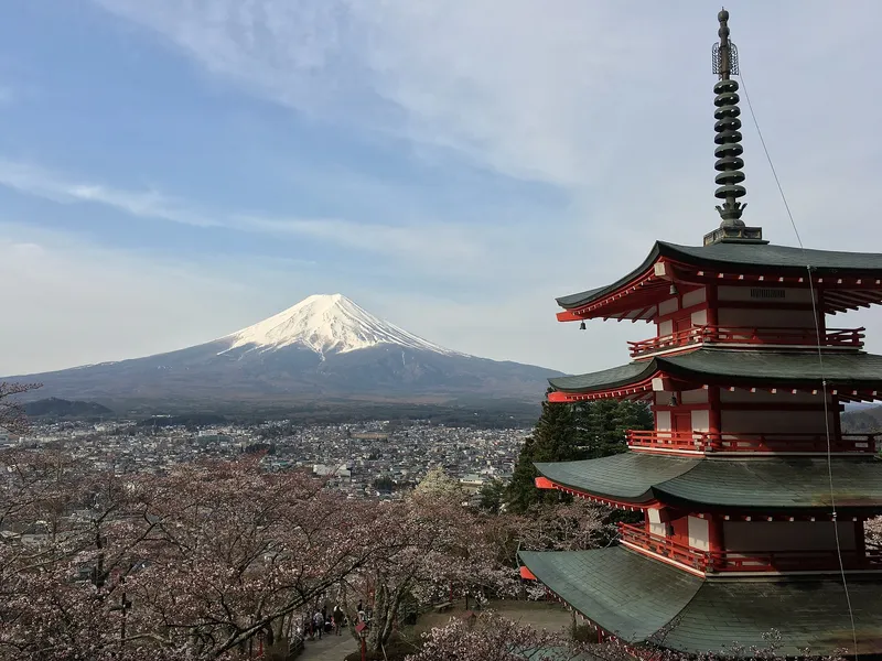 Chureito Pagoda with snow-capped Mt Fuji behind
