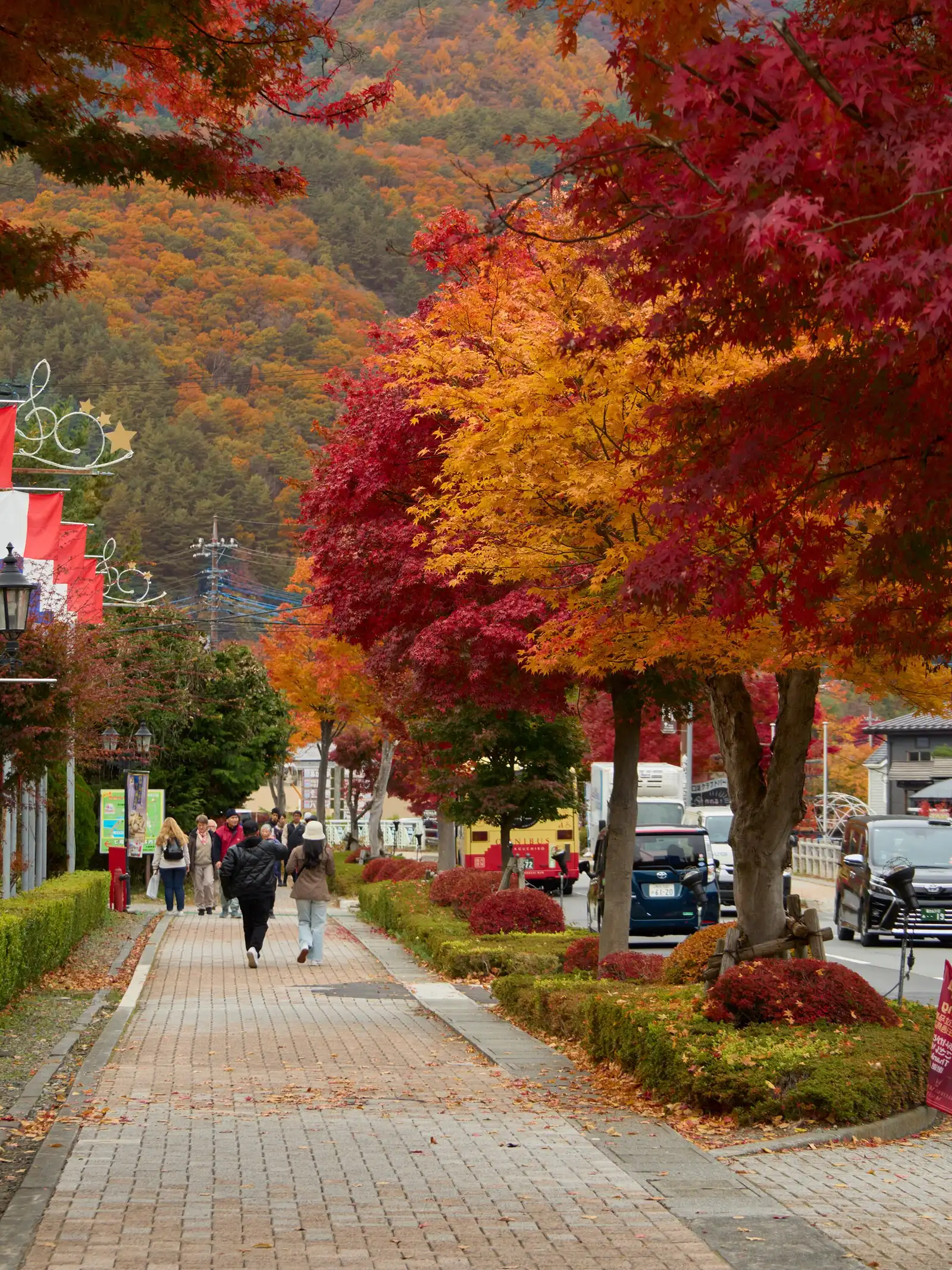 Brick footpath under red and orange maples, autumn hills behind