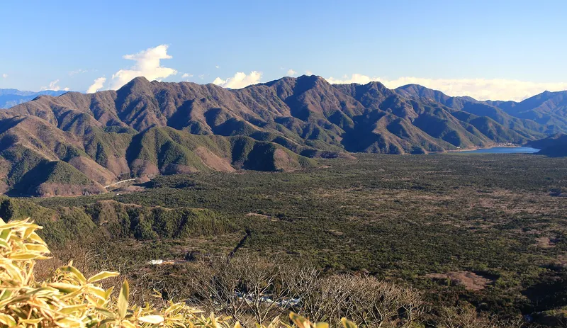 Aokigahara forest below the mountains with Lake Saiko at the far end, seen from above