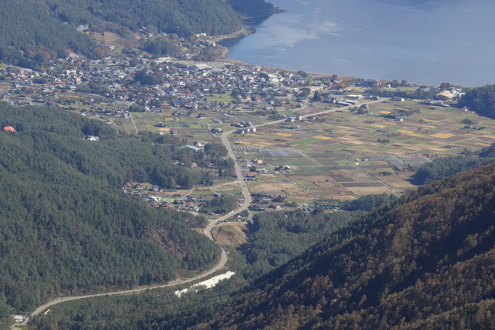 Village, fields and the north shore of Lake Kawaguchi seen from a forested ridge